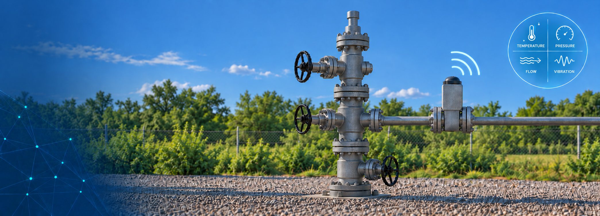 Wellhead fitted with a MeteringIQ measurement device transmitting temperature, pressure, flow and vibration data